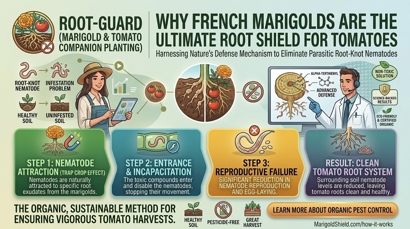 Why companion planting French marigolds with tomatoes protects roots from parasitic root-knot nematodes.