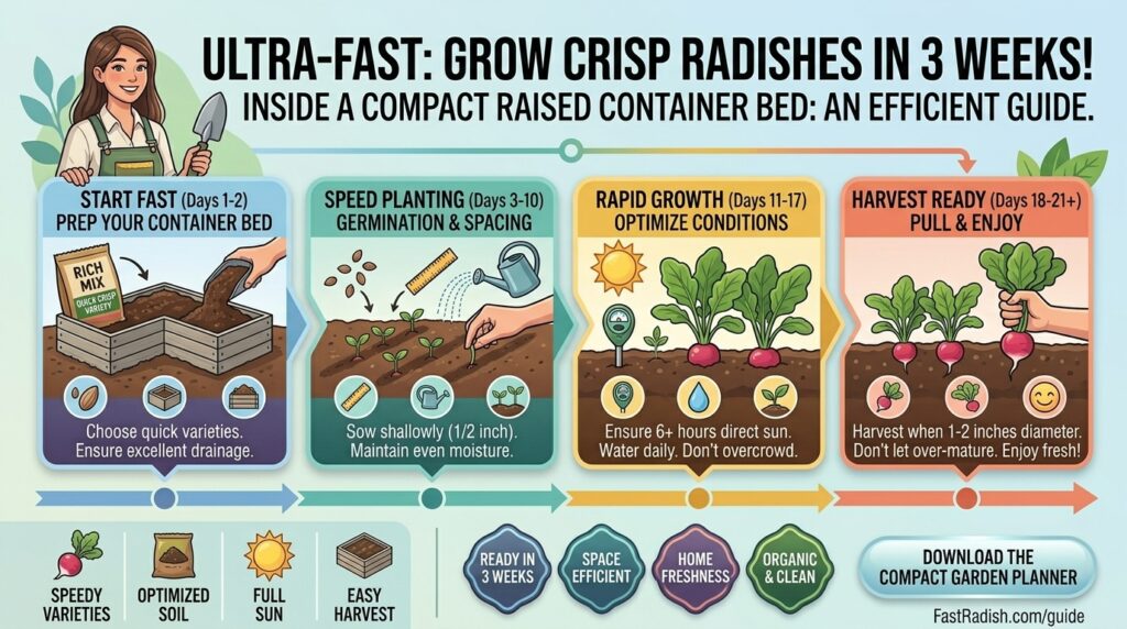 How to grow crisp radishes in just three weeks inside a compact raised container bed.