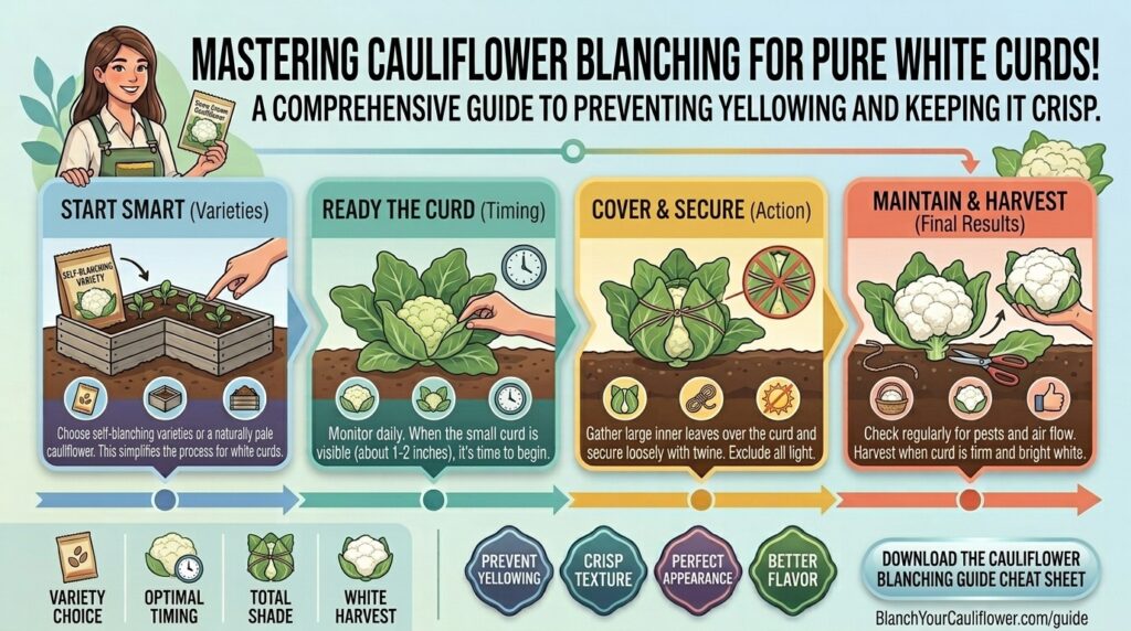 What are the best techniques for blanching homegrown cauliflower heads to keep them pure white?