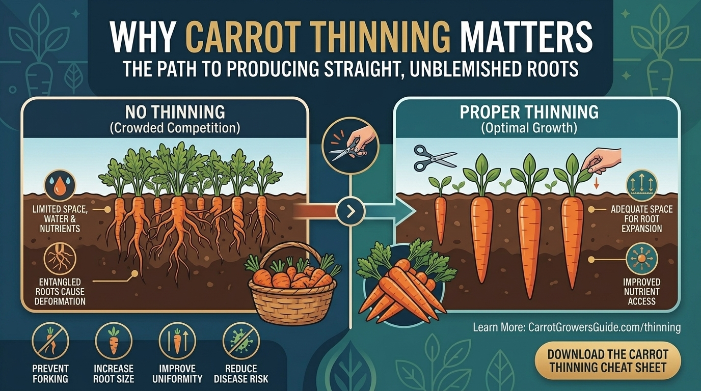 Why thinning out crowded carrot seedlings is necessary to produce straight, unblemished roots.