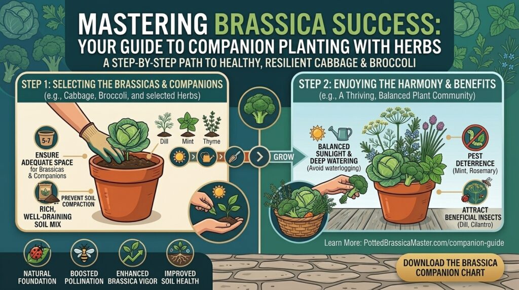 What are the best companion herbs to plant next to brassicas like cabbage and broccoli?