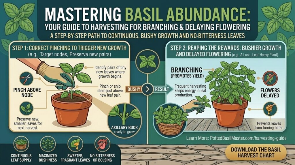 How to harvest fresh basil leaves correctly to encourage branching and prevent early flowering.