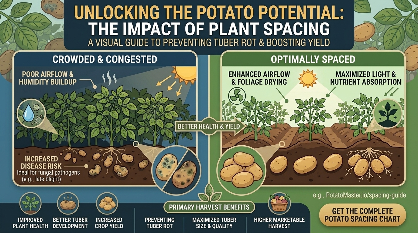 Why adequate spacing between potato plants prevents tuber rot and increases overall crop yield.