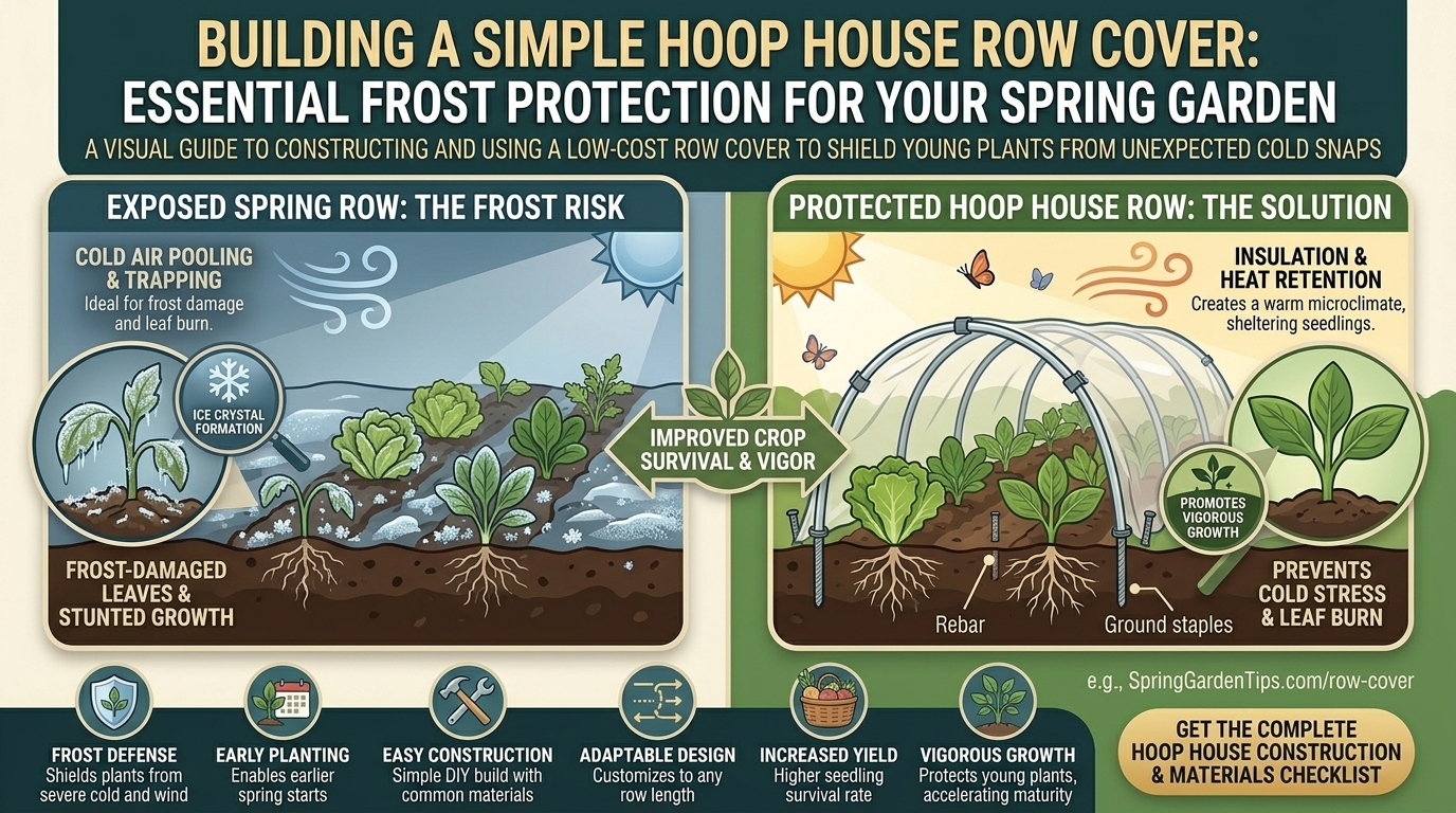 How to build a simple hoop house row cover to protect spring crops from unexpected frosts.