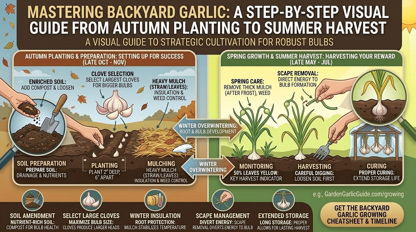 How to grow garlic cloves in your backyard garden during autumn for a summer harvest.
