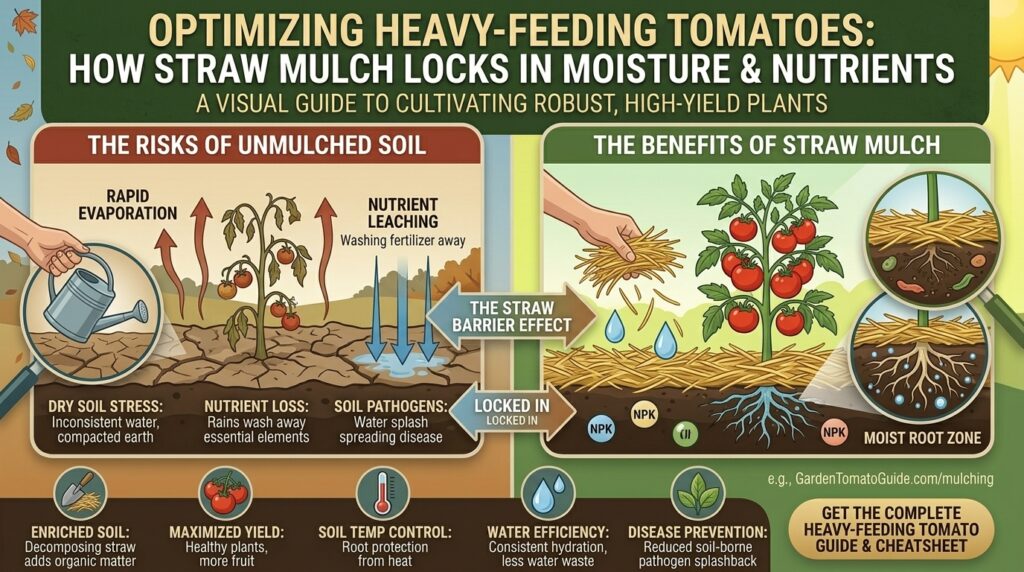 Why mulching heavy-feeding tomato plants with straw keeps soil moisture and nutrients locked in.