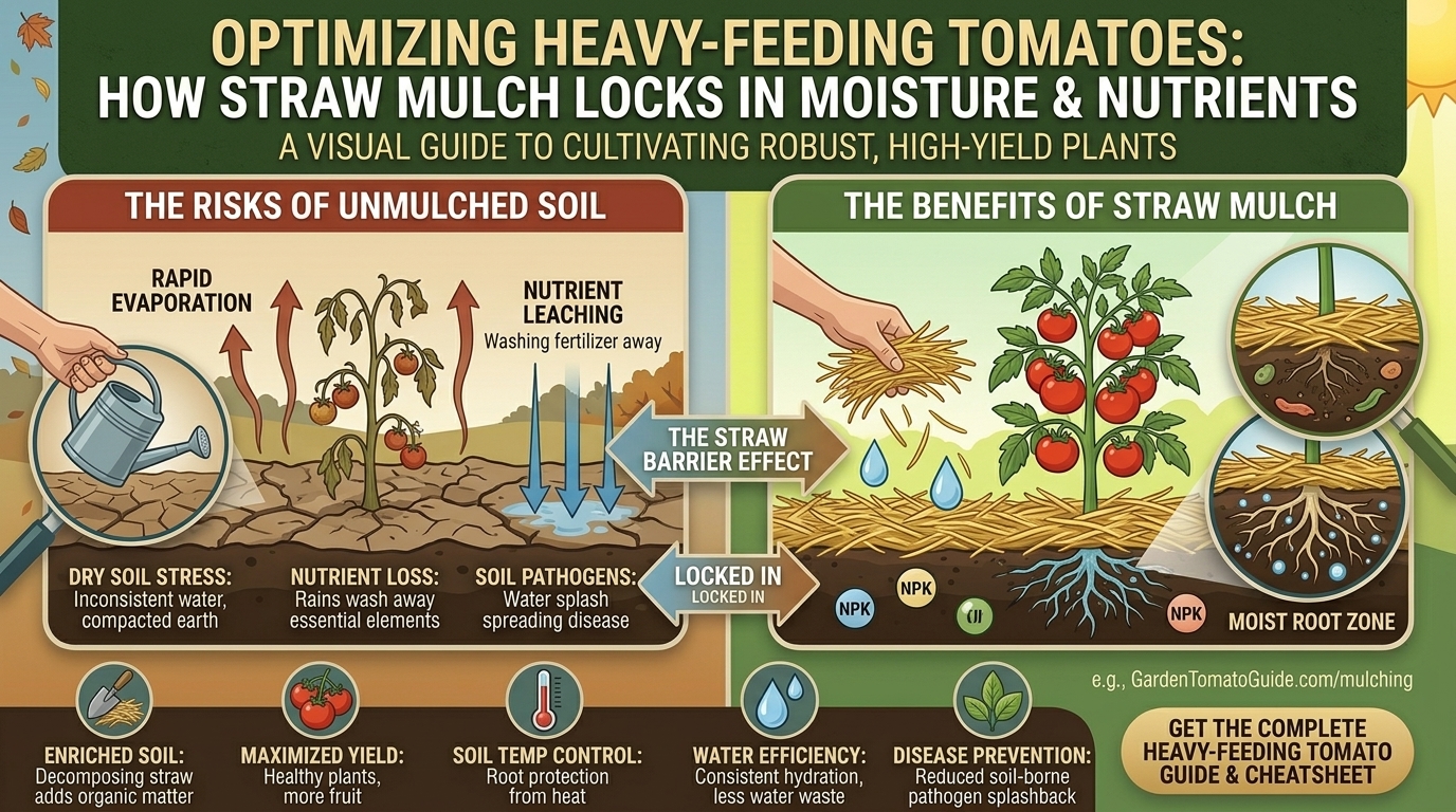 Why mulching heavy-feeding tomato plants with straw keeps soil moisture and nutrients locked in.