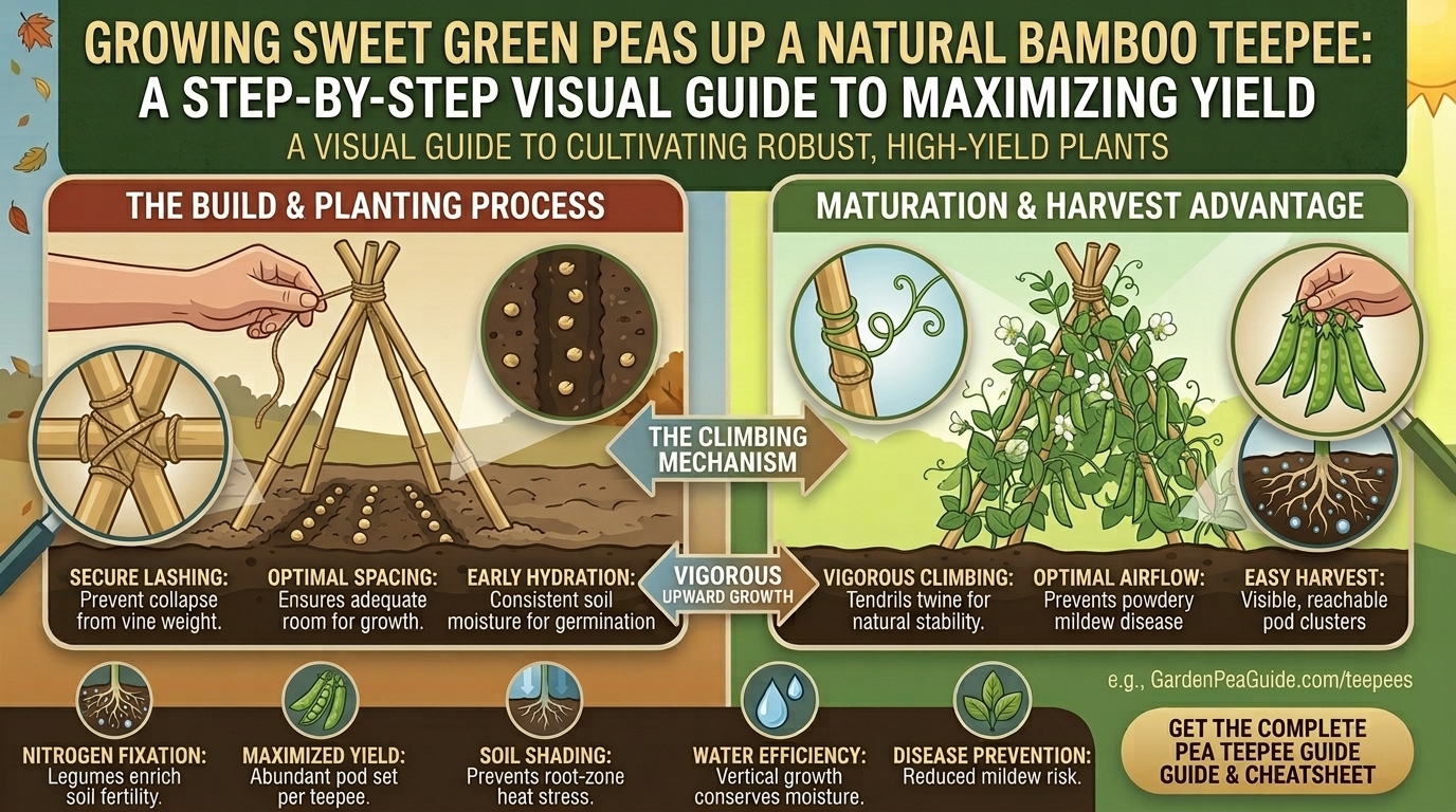 How to grow sweet green peas up a teepee structure made from natural bamboo poles.