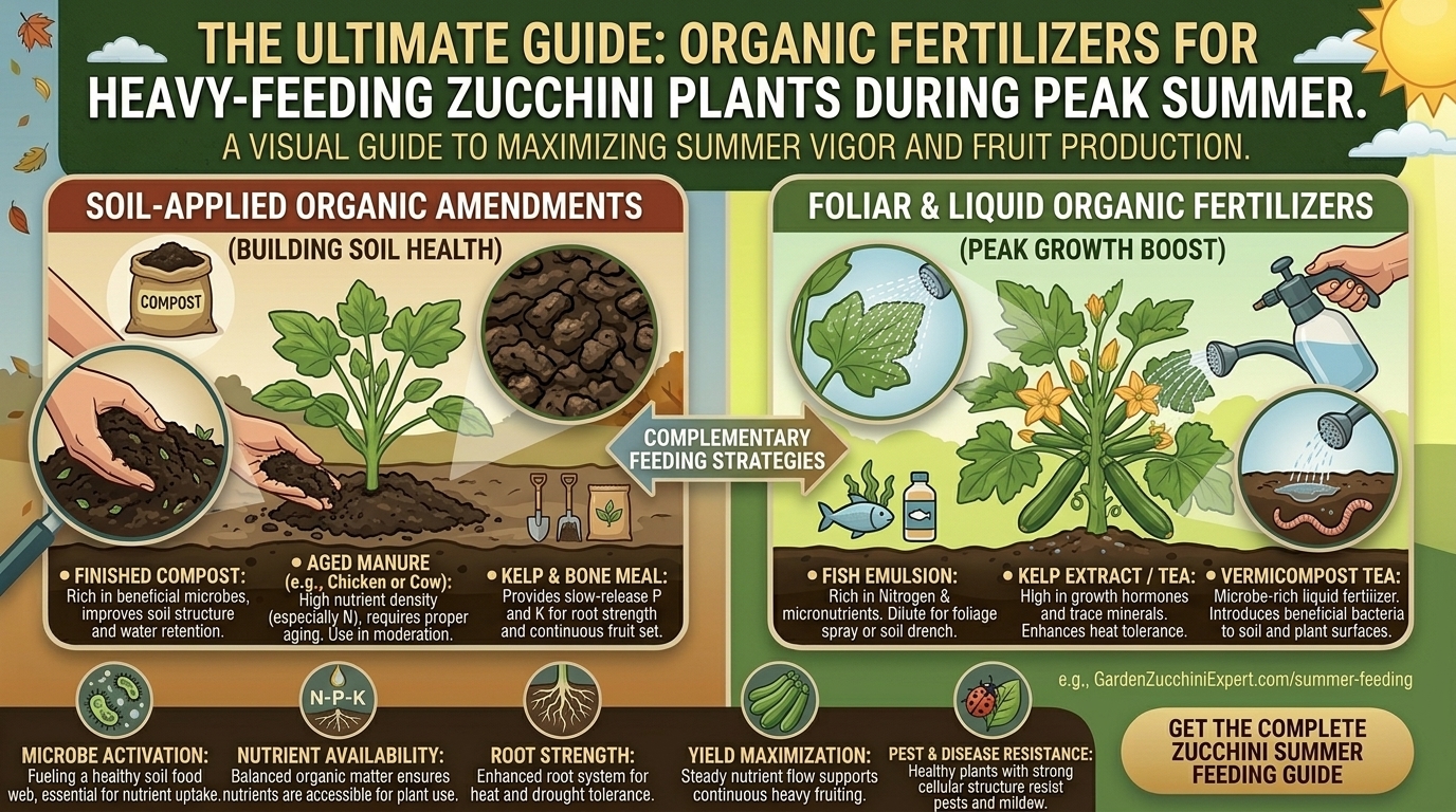 What are the best organic fertilizers to give heavy-feeding zucchini plants during peak summer?