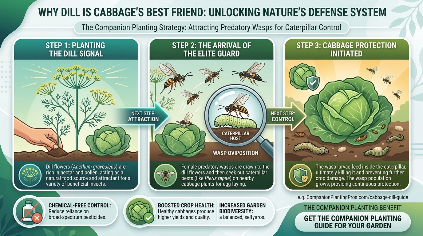 Why companion planting dill near cabbage attracts predatory wasps that kill pest caterpillars.
