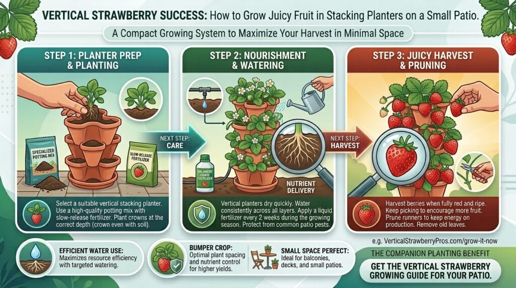 How to grow juicy strawberries in vertical stacking planters on a small patio space.