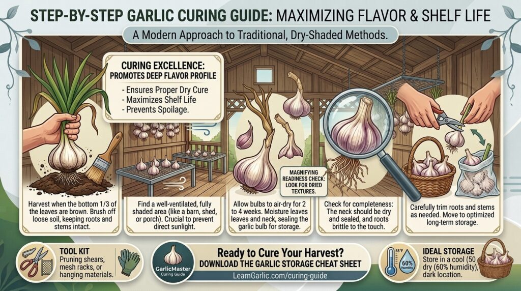 How to cure harvested garlic bulbs in a dry shaded area before storing them away.