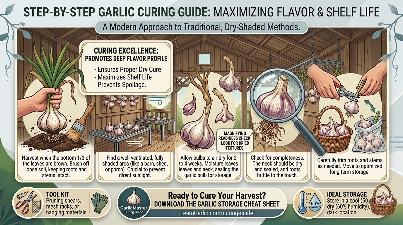 How to cure harvested garlic bulbs in a dry shaded area before storing them away.