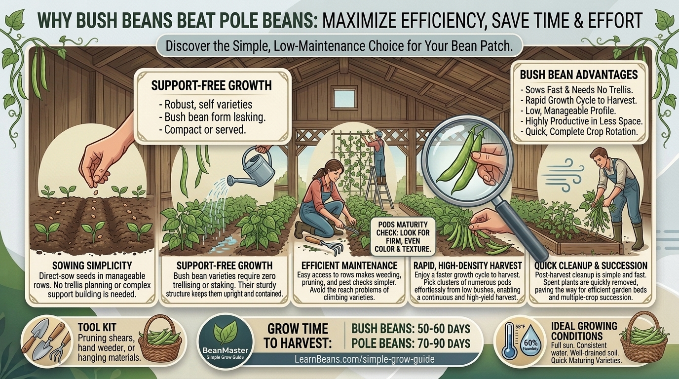 Why planting bush beans instead of pole beans saves time and eliminates trellis requirements.