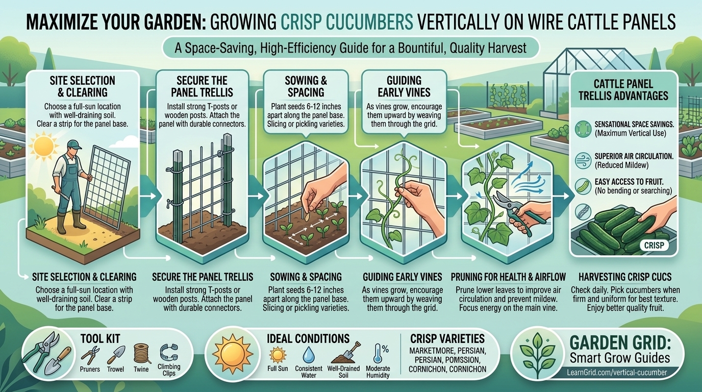 How to grow crisp cucumbers vertically on wire cattle panels to save garden floor space.