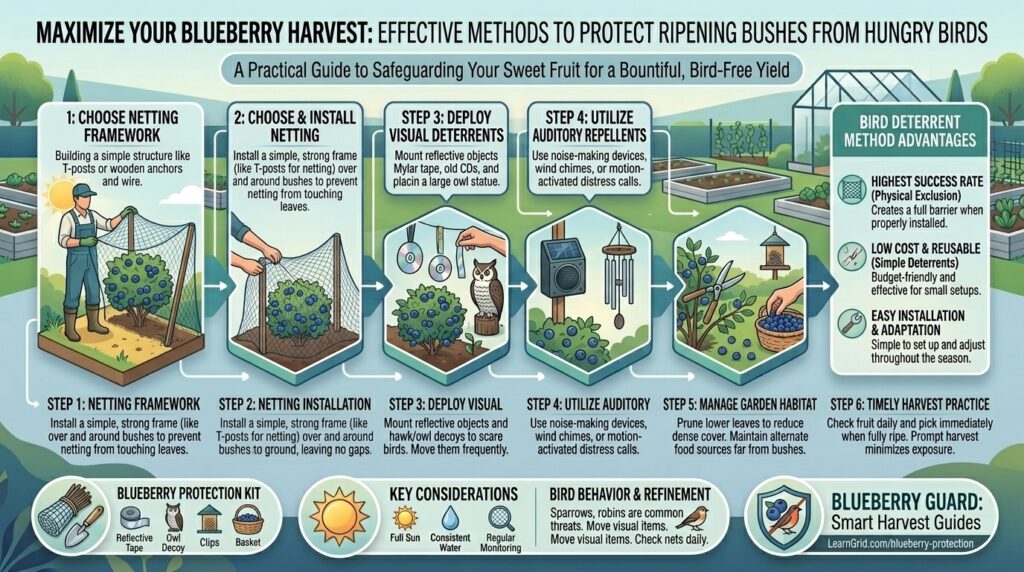 What are the best methods to protect ripening blueberry bushes from hungry garden birds?