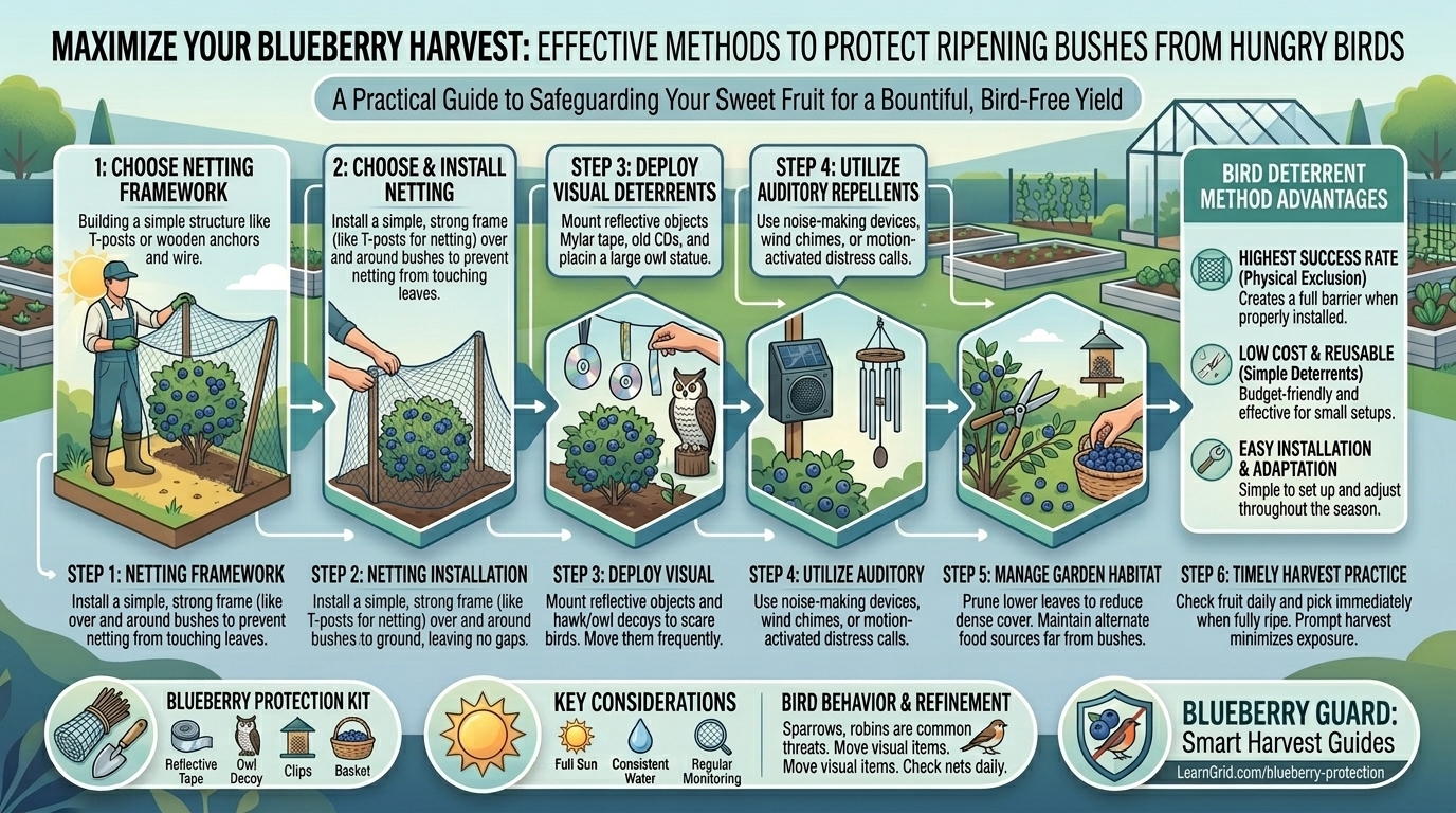 What are the best methods to protect ripening blueberry bushes from hungry garden birds?