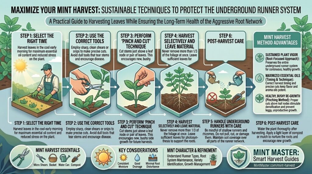 How to harvest fresh mint leaves without damaging the aggressive underground runner root system.