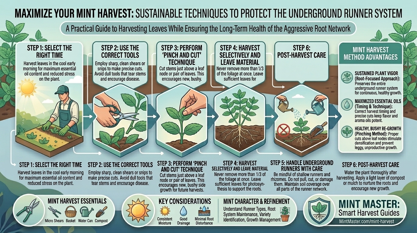 How to harvest fresh mint leaves without damaging the aggressive underground runner root system.