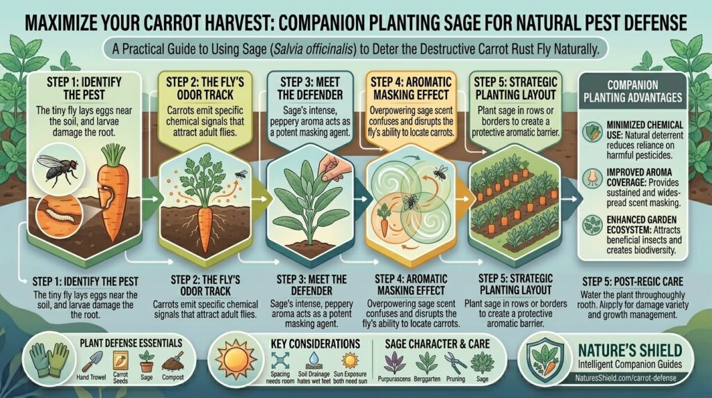 Why companion planting sage near carrots deters the destructive carrot rust fly naturally.