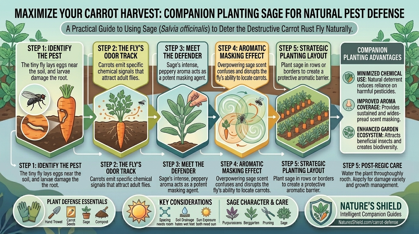 Why companion planting sage near carrots deters the destructive carrot rust fly naturally.