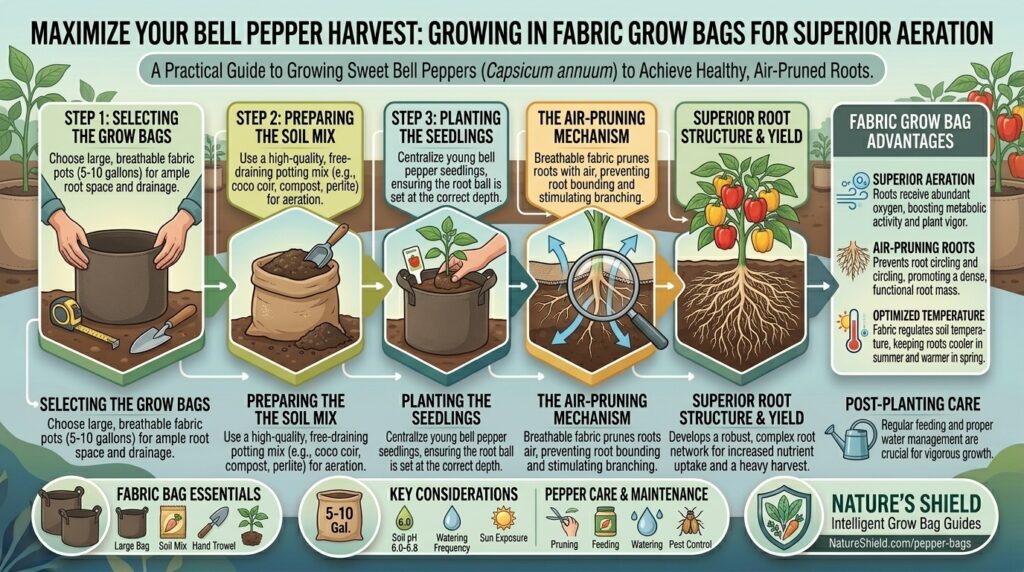 How to grow sweet bell peppers in large fabric grow bags for superior root aeration.
