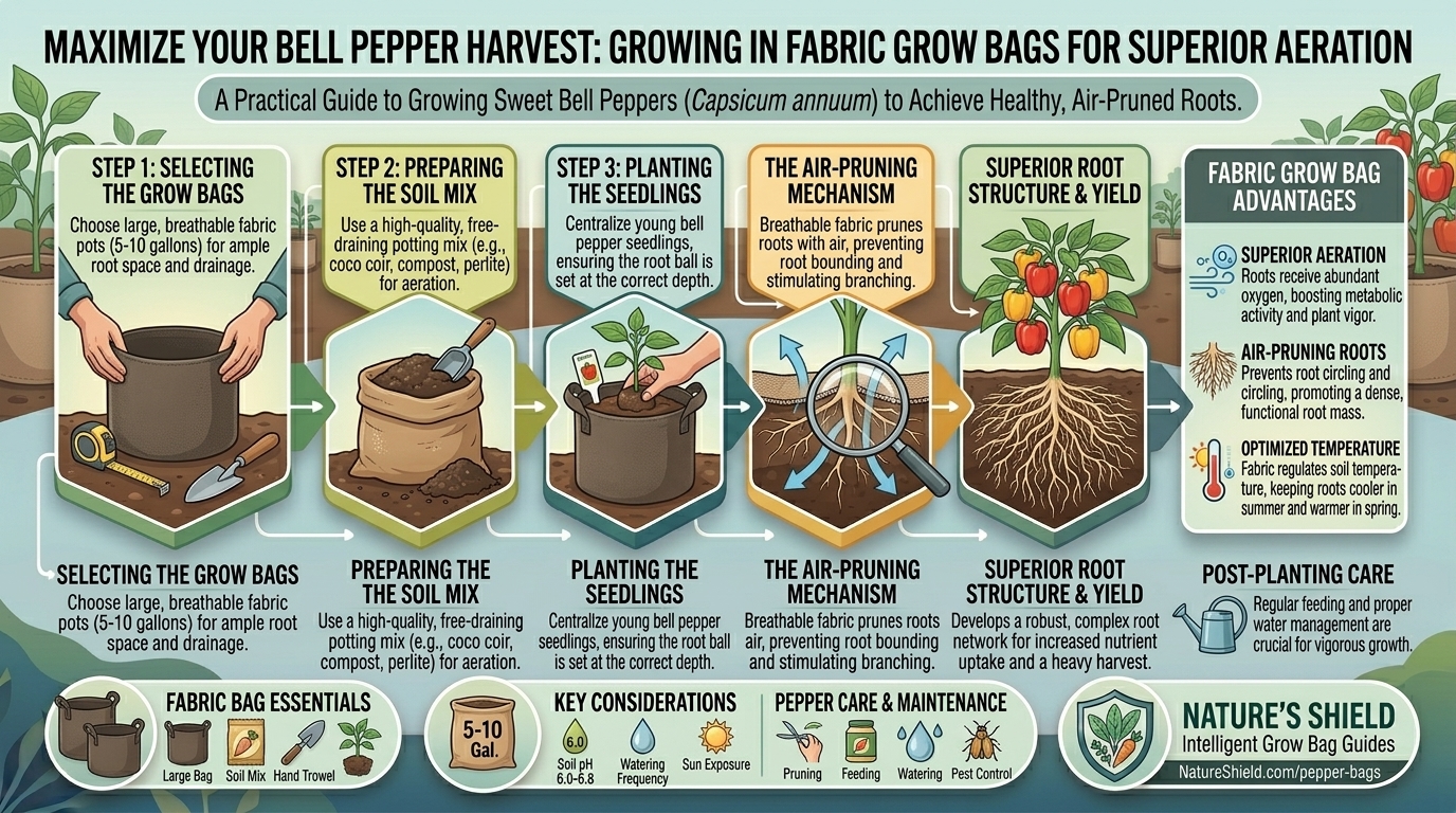 How to grow sweet bell peppers in large fabric grow bags for superior root aeration.