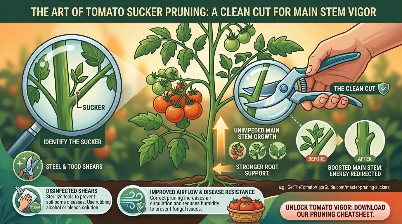 How to prune tomato suckers correctly using clean pruning shears to boost main stem growth.