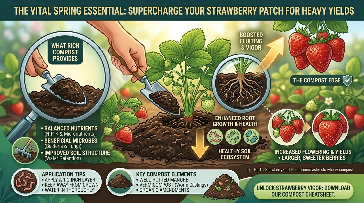 Why rich compost top-dressing is vital for heavy-yielding strawberry patch beds in spring.