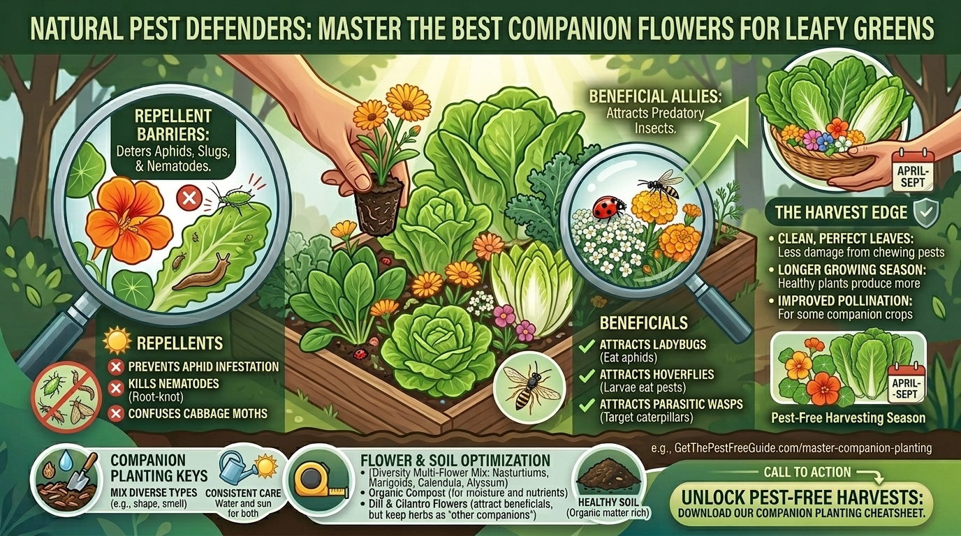 What are the best companion flowers to interplant with leafy greens for natural pest control?