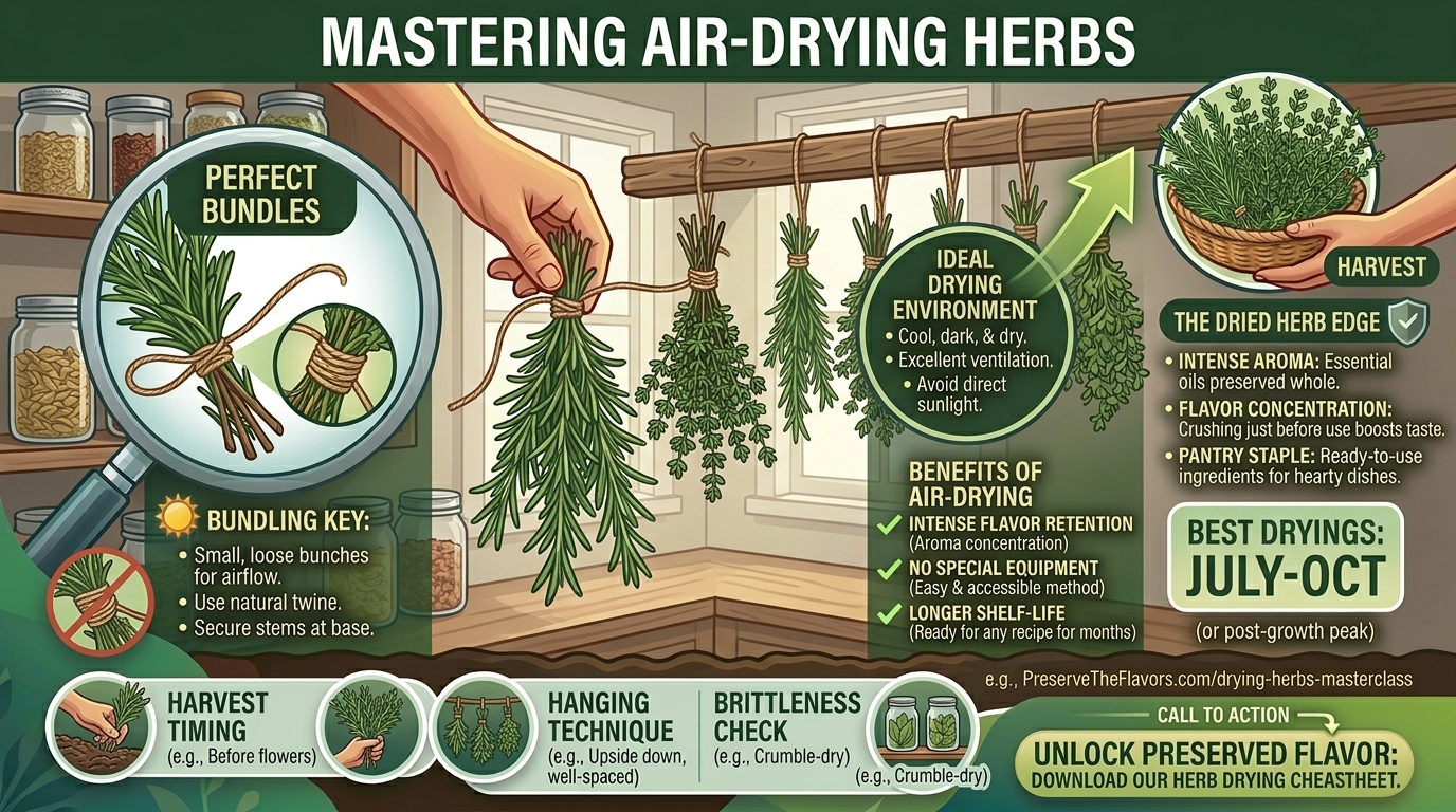 How to store fresh harvested herbs like rosemary and thyme by air-drying them indoors.