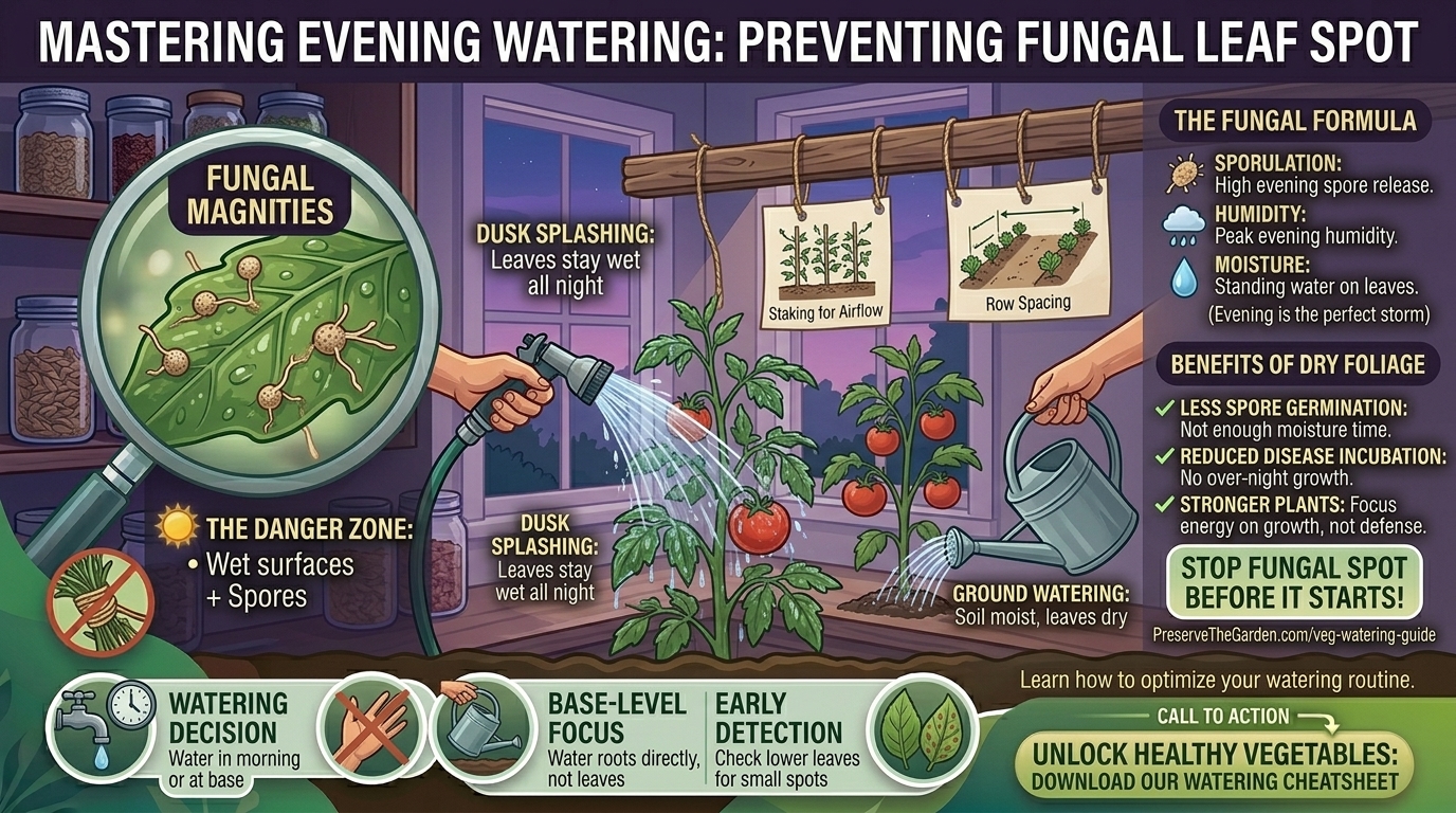 Why keeping vegetable leaves dry during evening watering prevents fungal leaf spot diseases.
