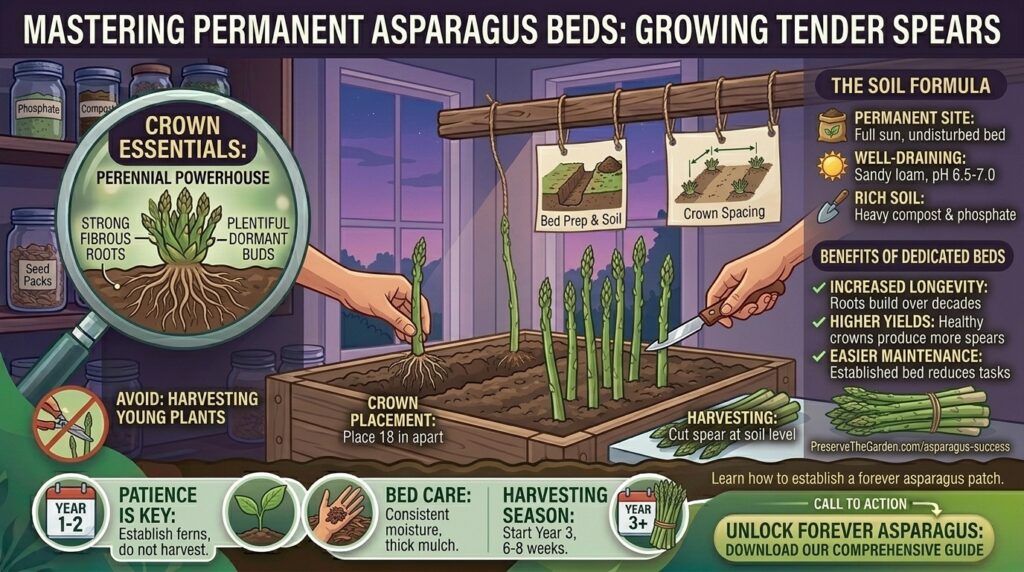 How to grow tender asparagus spears in a permanent dedicated garden bed layout.