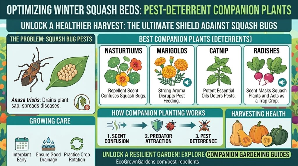 What are the best companion plants to grow with winter squash to deter squash bugs?