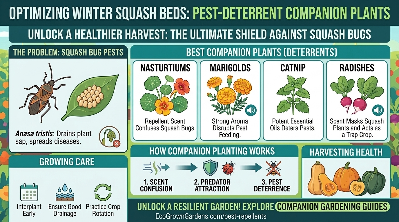 What are the best companion plants to grow with winter squash to deter squash bugs?