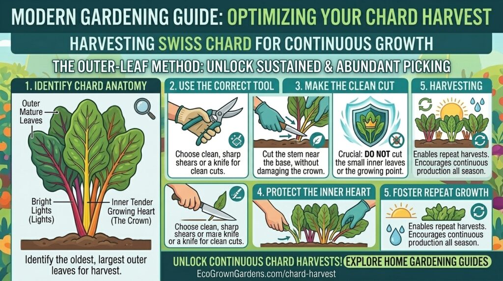 How to harvest Swiss chard outer leaves while letting inner leaves continue to grow.