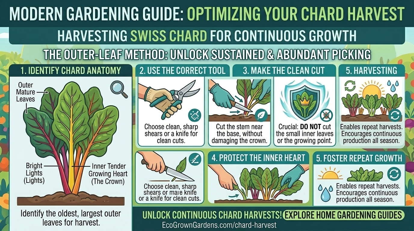 How to harvest Swiss chard outer leaves while letting inner leaves continue to grow.