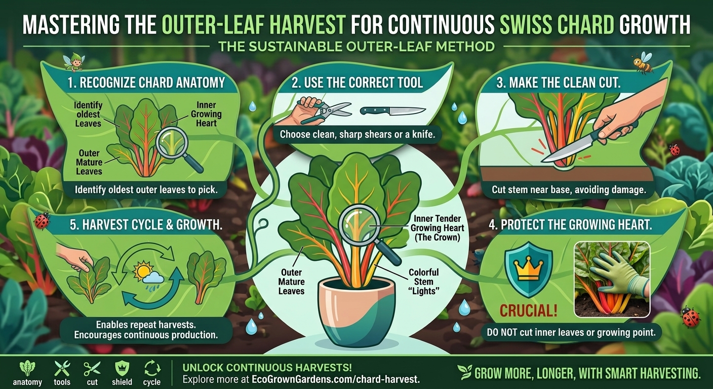 How to harvest Swiss chard outer leaves while letting inner leaves continue to grow.