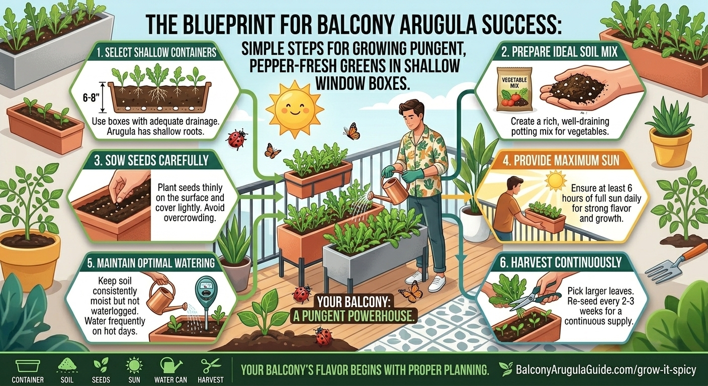 How to grow spicy arugula greens in shallow window boxes on a sunny balcony.