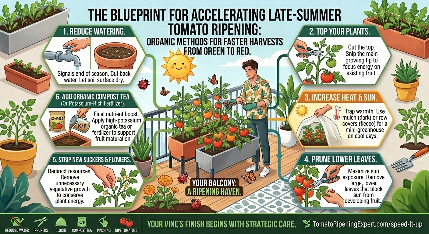 What are the best organic methods to speed up fruit ripening on late summer tomatoes?