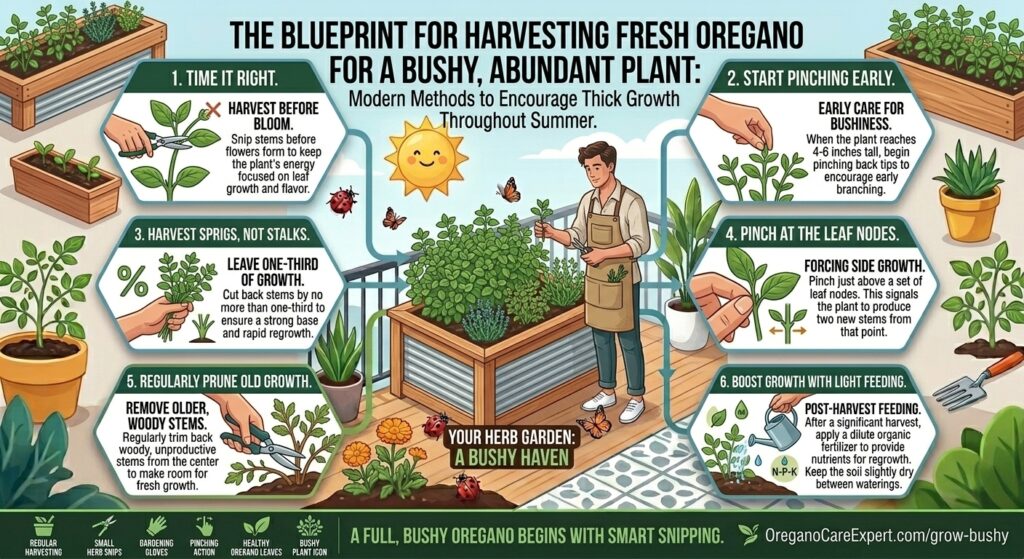 How to harvest fresh oregano sprigs to encourage thick, bushy growth throughout summer.