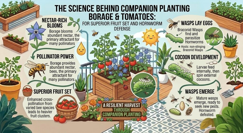 Why companion planting borage near tomato plants improves fruit set and deters hornworms.