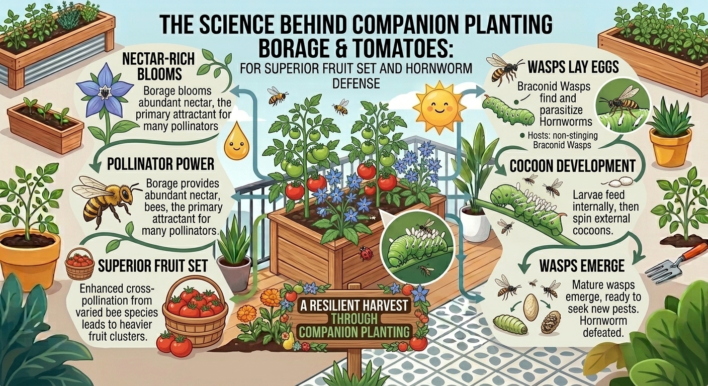 Why companion planting borage near tomato plants improves fruit set and deters hornworms.