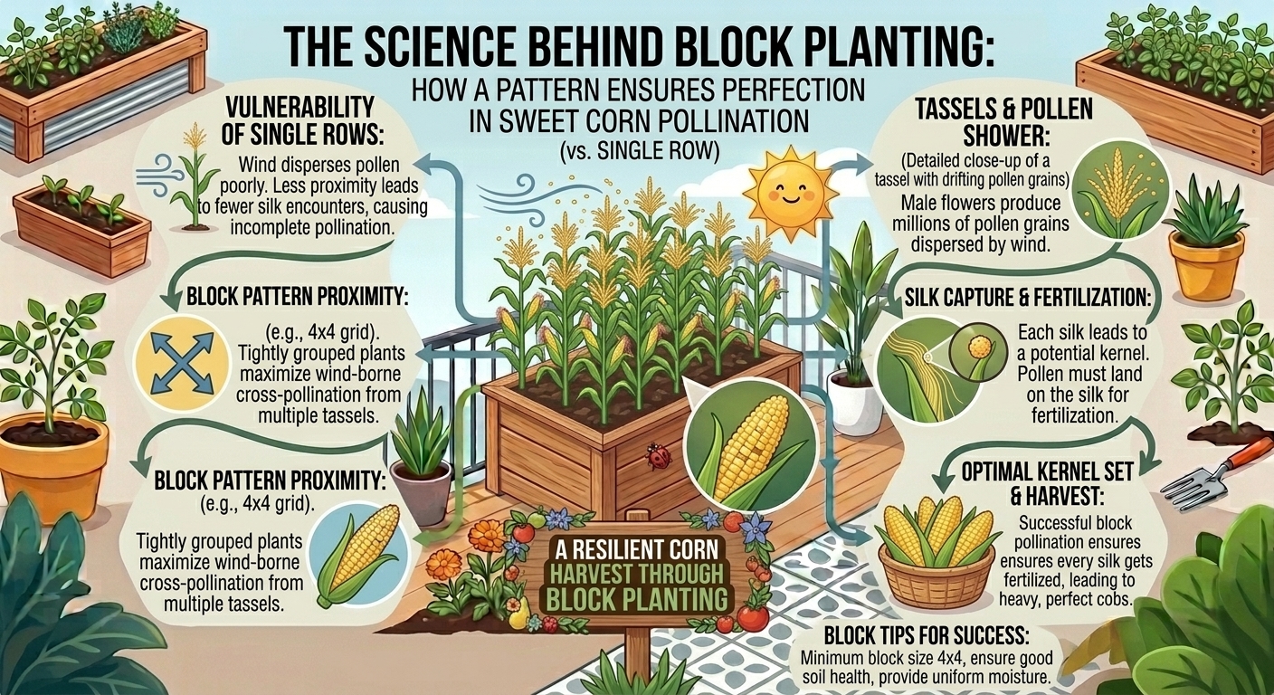 How to grow sweet corn in a block pattern rather than a single row for pollination.