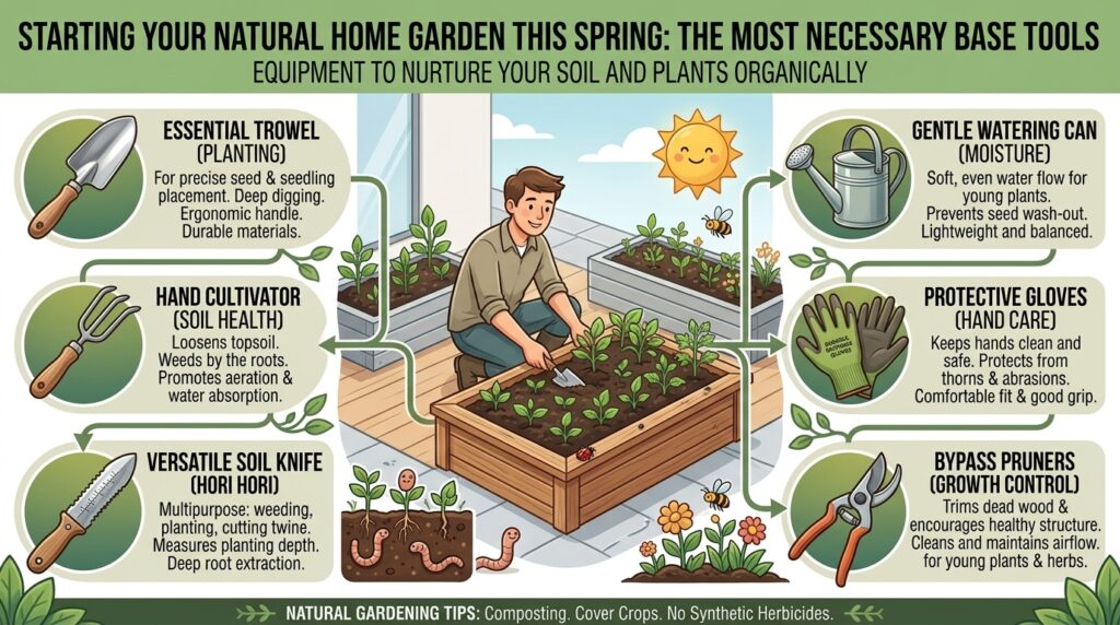 What are the most necessary base tools required to start a natural home garden this spring?
