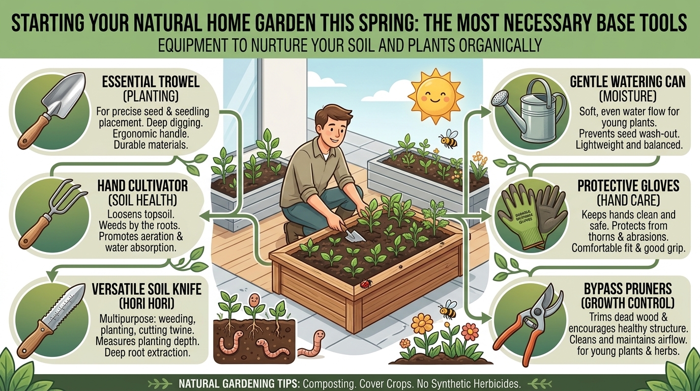 What are the most necessary base tools required to start a natural home garden this spring?
