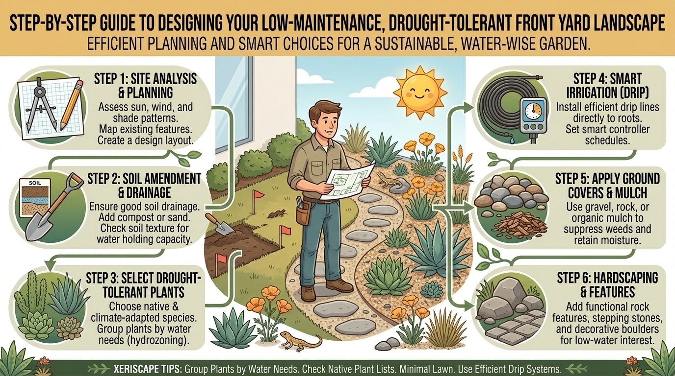 Step-by-step guide to designing a low-maintenance drought-tolerant landscape garden for your front yard.