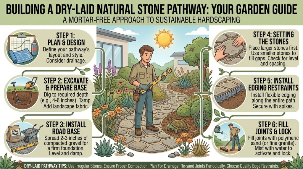 How to build a natural stone pathway through your backyard garden without using concrete mortar.