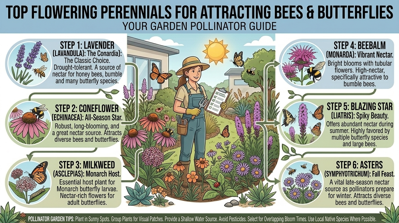 What are the best flowering perennial plants to attract butterflies and bees to your garden?