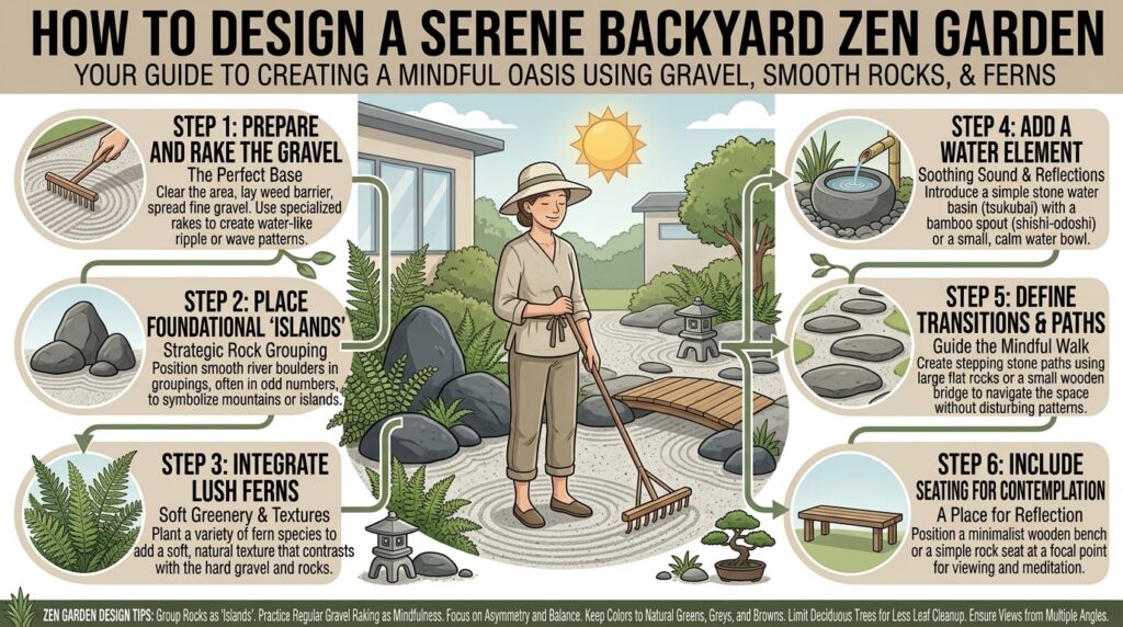 How to design a serene backyard zen garden using gravel, smooth river rocks, and ferns.